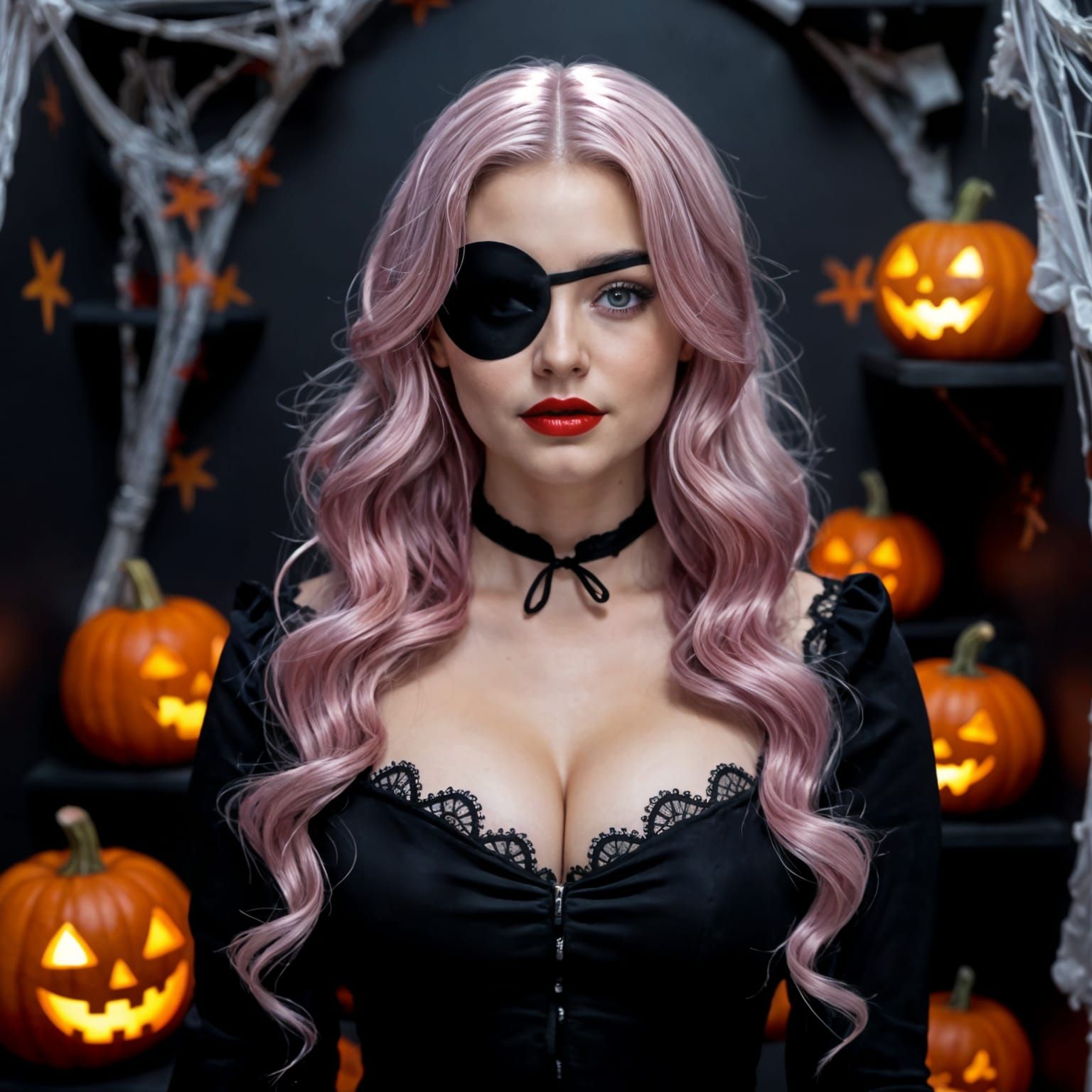 Halloween Portrait of Pink-Haired Woman in Lace Dress