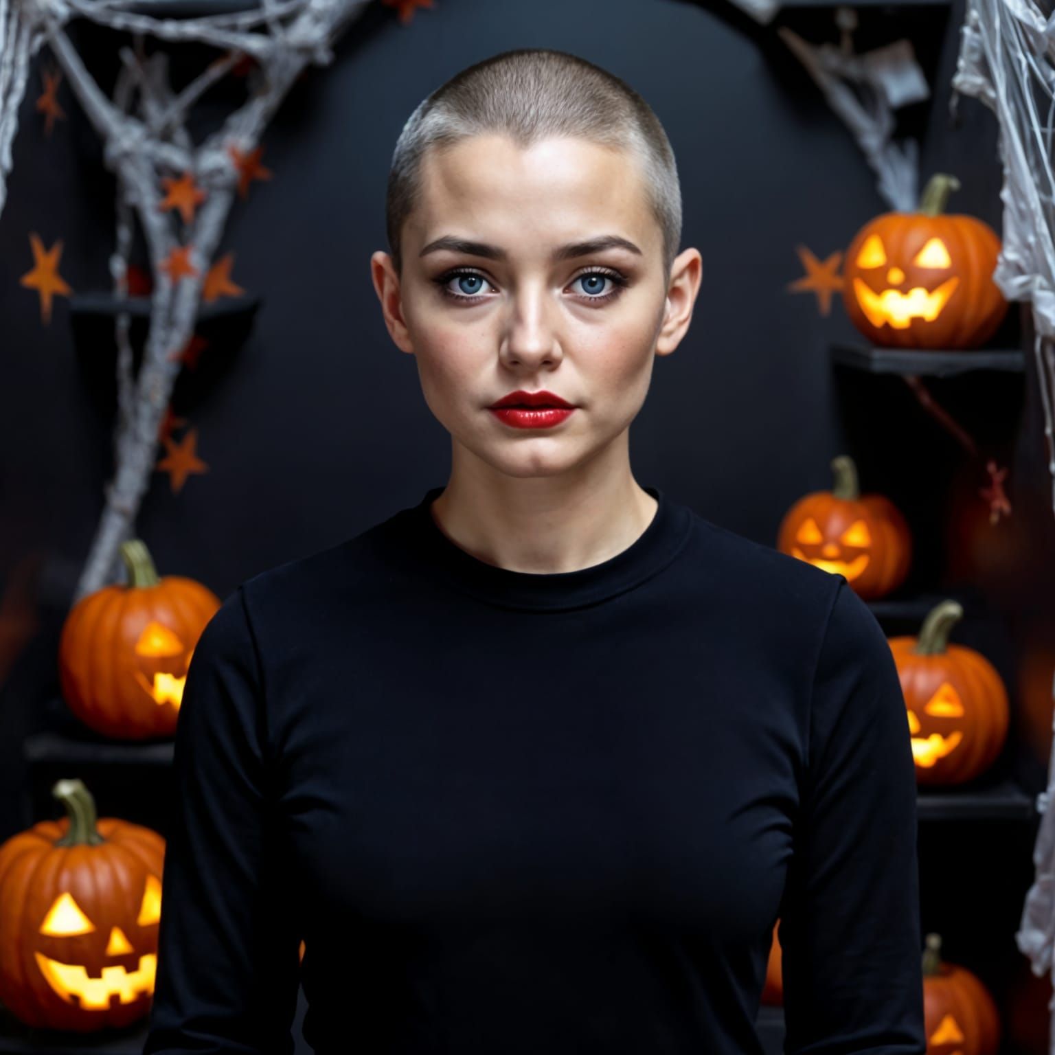 Halloween Portrait of a Bald Woman in Eerie Atmosphere