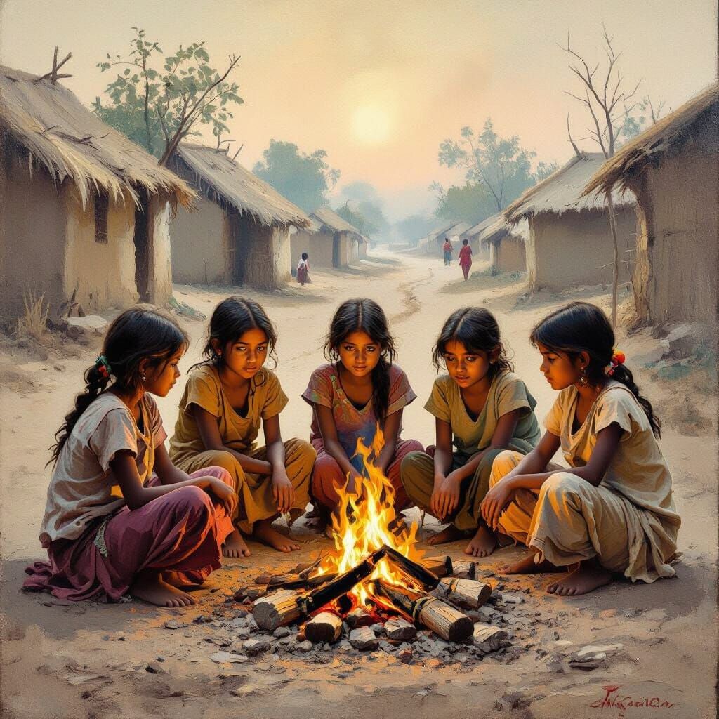 Indian Village Girls Gather Around Fire in Poignant Oil Pain...