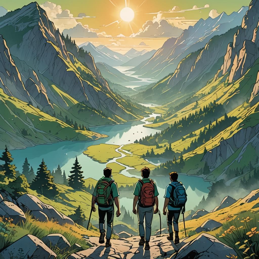 Friends Hiking in Mountain Landscape, Comic Book Style