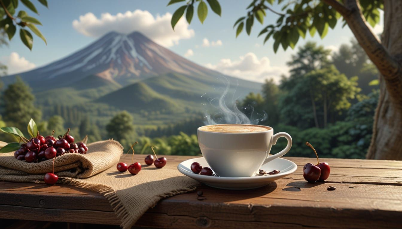 Steaming Coffee Cup on Rustic Table, Impressionist Style