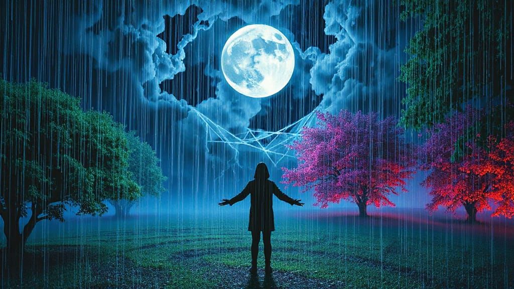 Lone Figure in Surreal Rainy Garden Under Glitch Moonlight