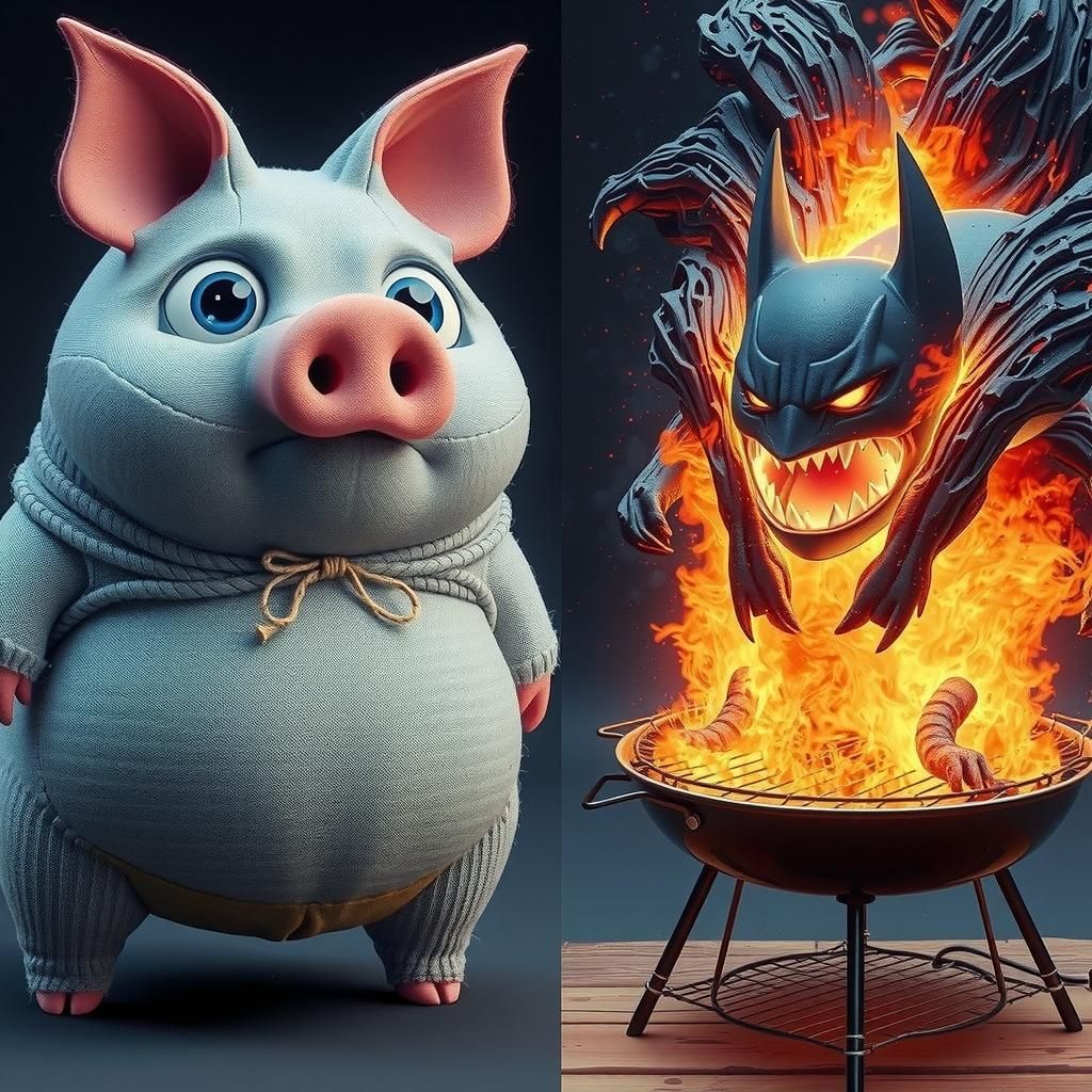 Frightened Batman Pig Witnessing BBQ in 8K