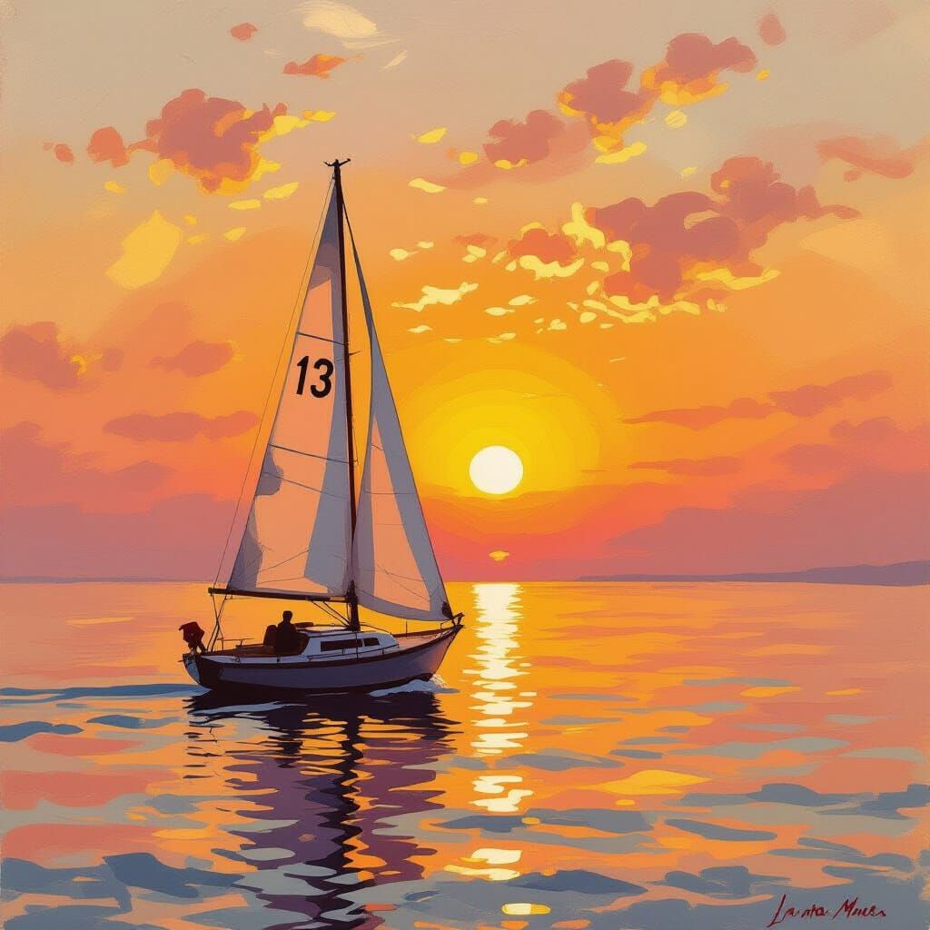 Sunrise Over Sea With Sailboat 13 in Impressionistic Style