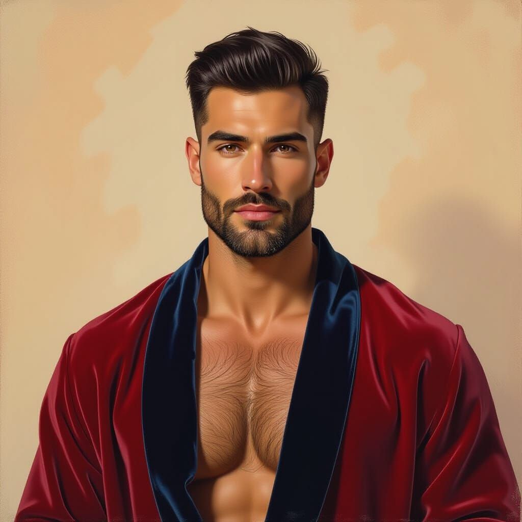 Velvet Robe Portrait in Impasto Oil Painting Style