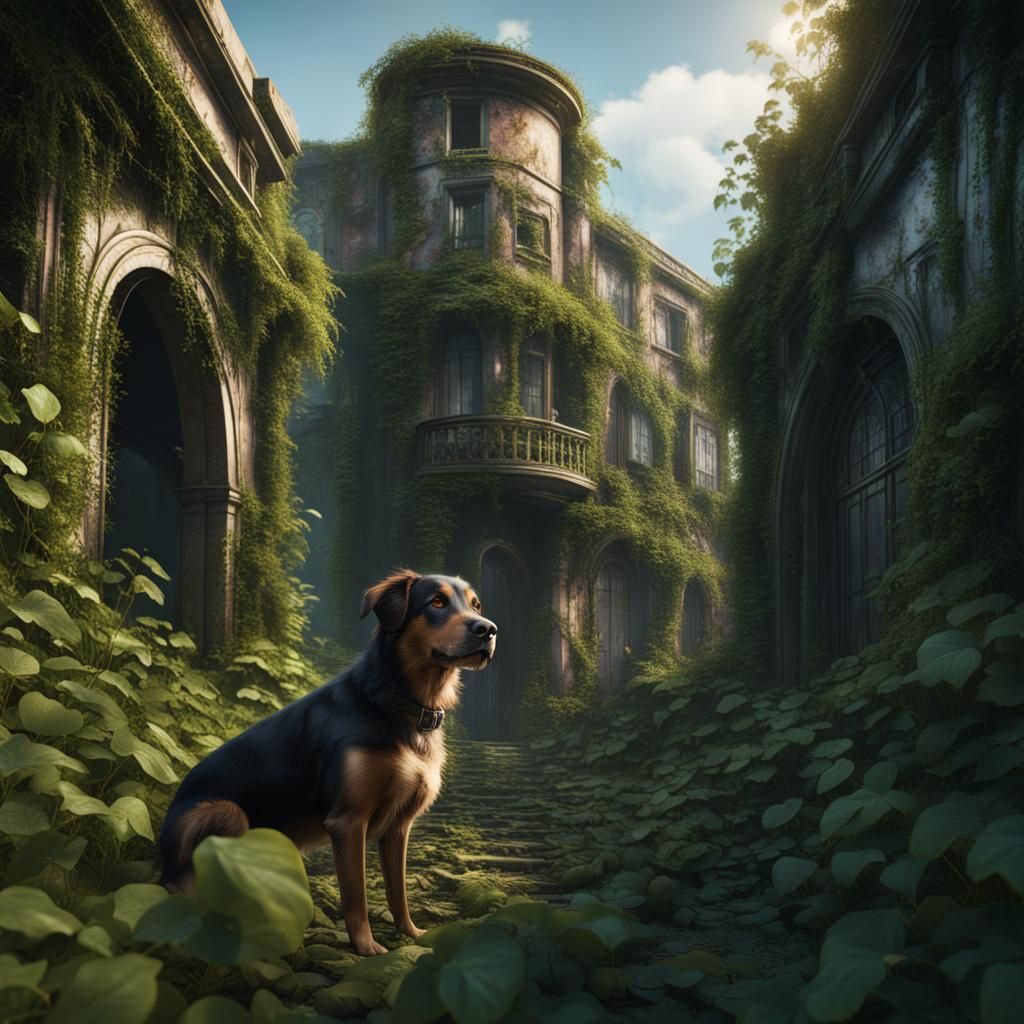 Dog in Overgrown City: Detailed Matte Painting