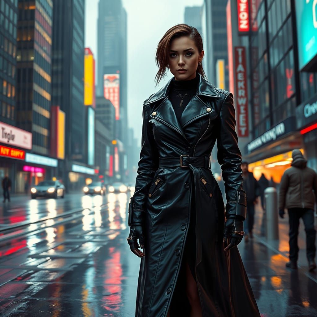 Cyberpunk Heroine Stands Tall in Rainy Christmas Cityscape