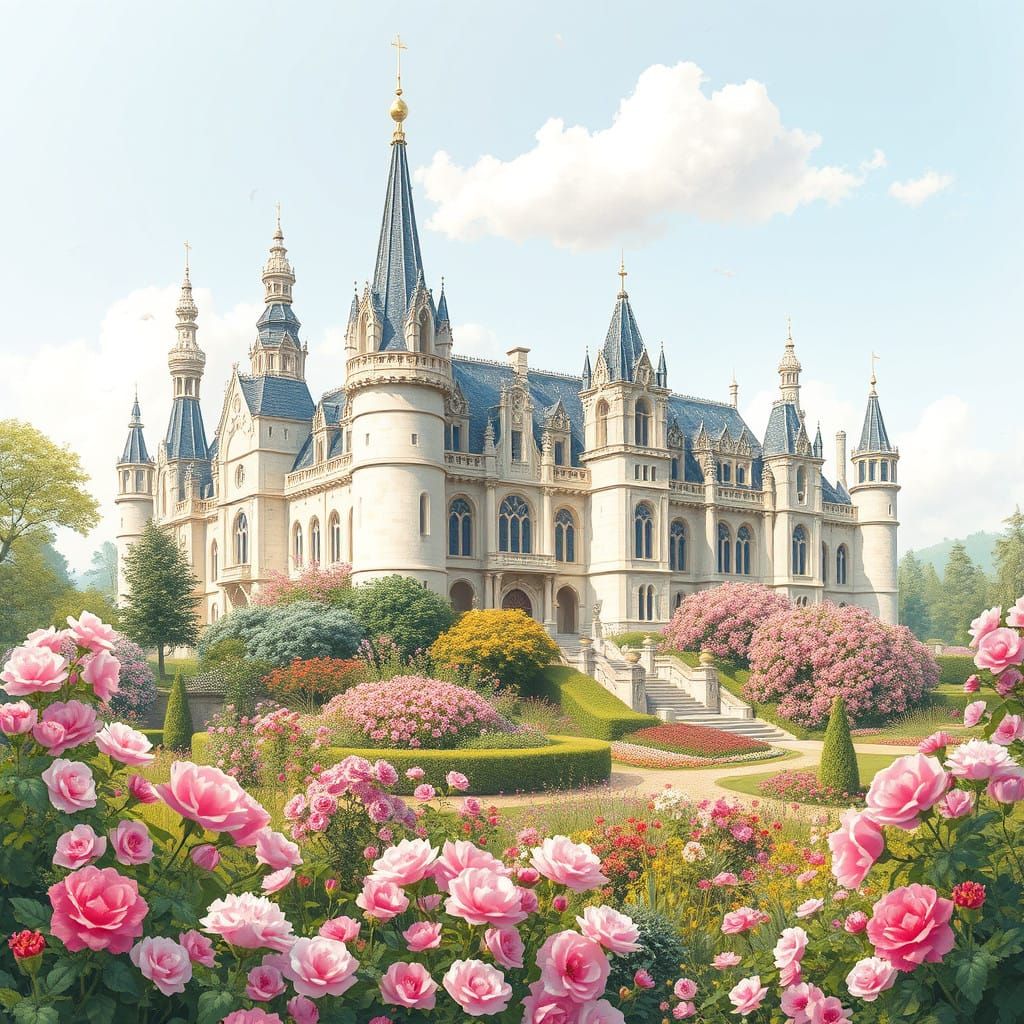 Whimsical Off-White Castle with Pink Roof and Garden