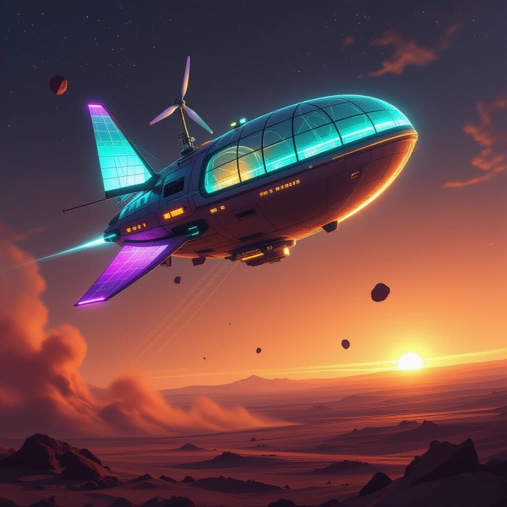 Martian Aerostat with Neon Sails in Dust Storm