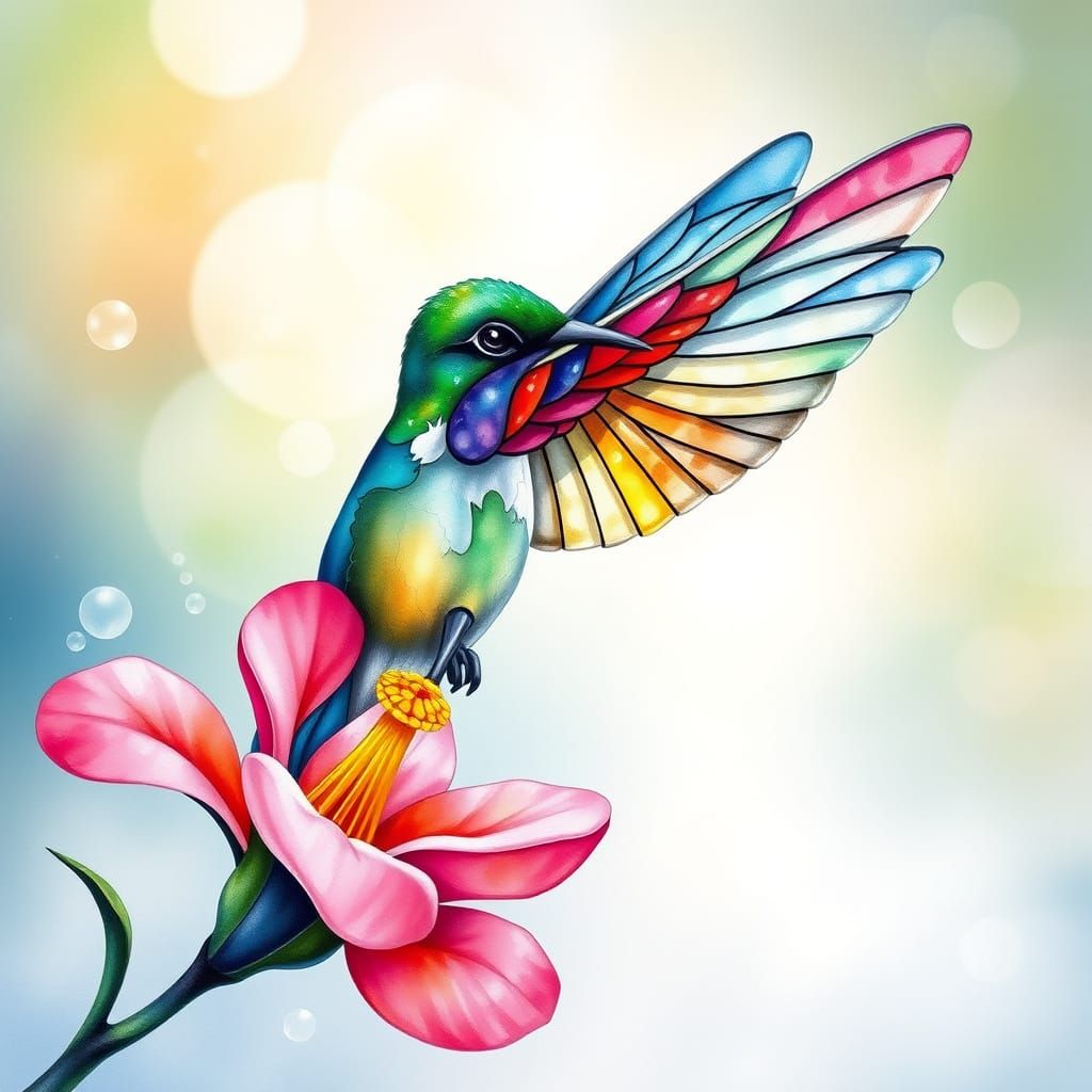 Hummingbird with Stained Glass Wings in Watercolor
