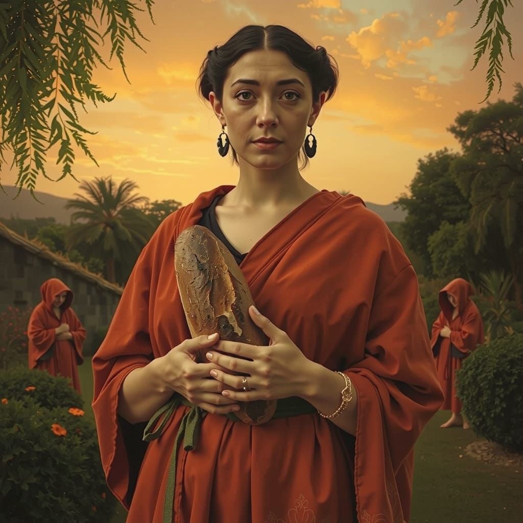 Roman Matron Cradles Fresh Bread in Twilight Garden