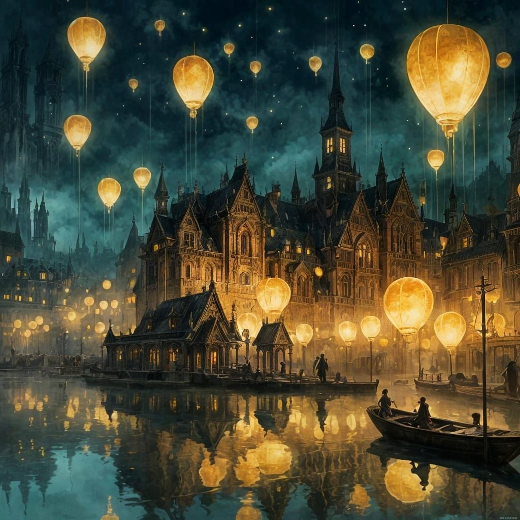 Surreal Medieval Cityscape Under Starry Night Sky