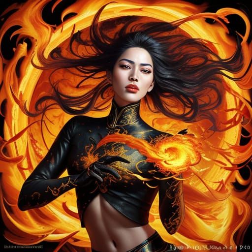 Surreal Matador Goddess Embracing Flames in Vibrant Oil Pain...