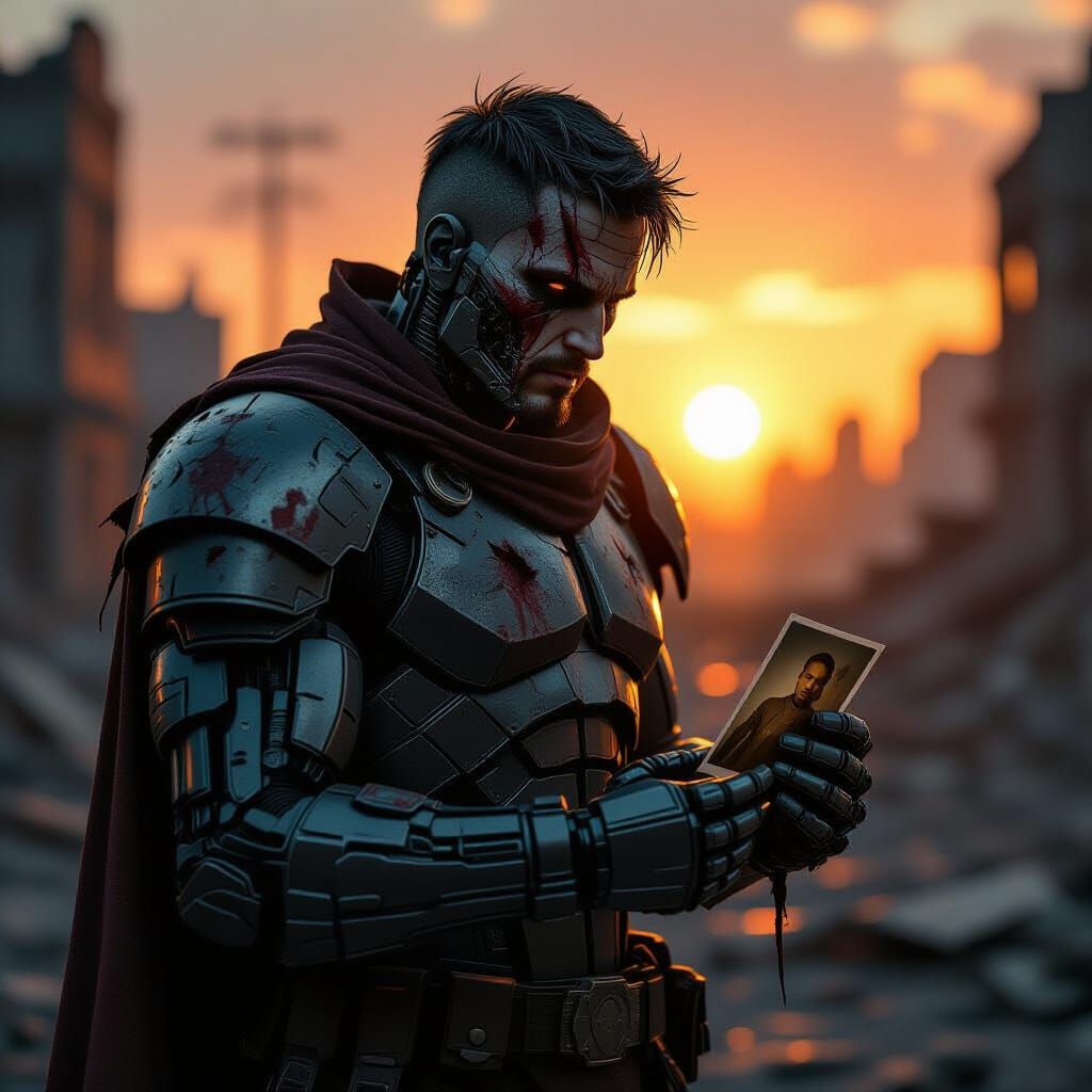 Cyborg Warrior in Desolate Cityscape: Hyperrealistic Digital...