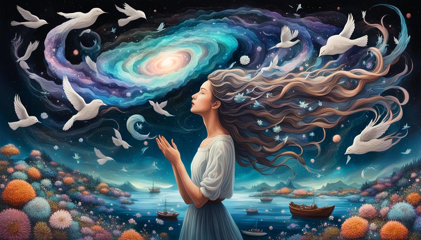 Woman Holding Galaxy with Flowing Hair in Surreal Artwork