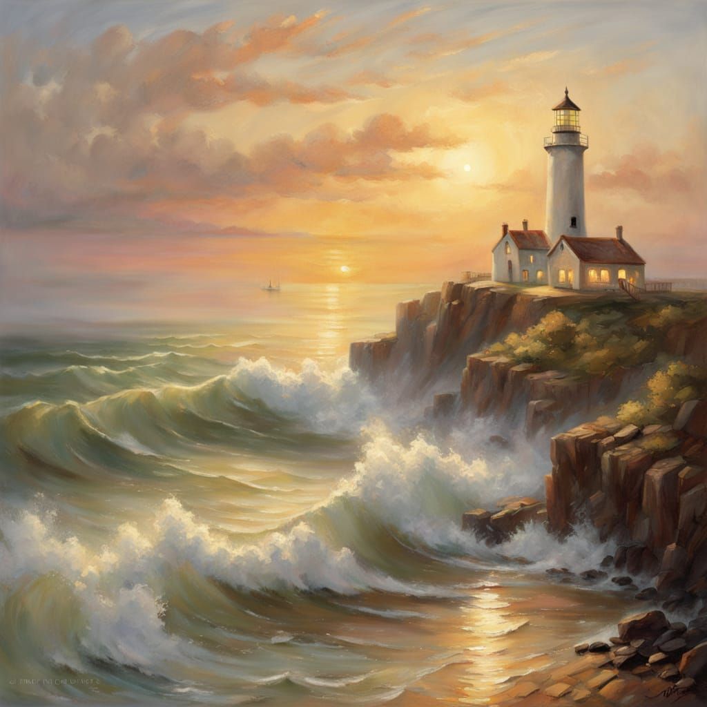 Lighthouse at Sunset in Soft Romantic Seascape