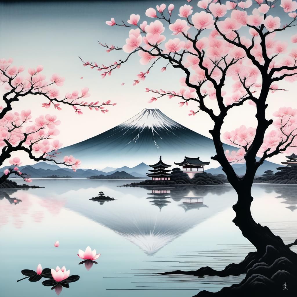 Volcano Reflection: Minimalist Japanese Ink Art