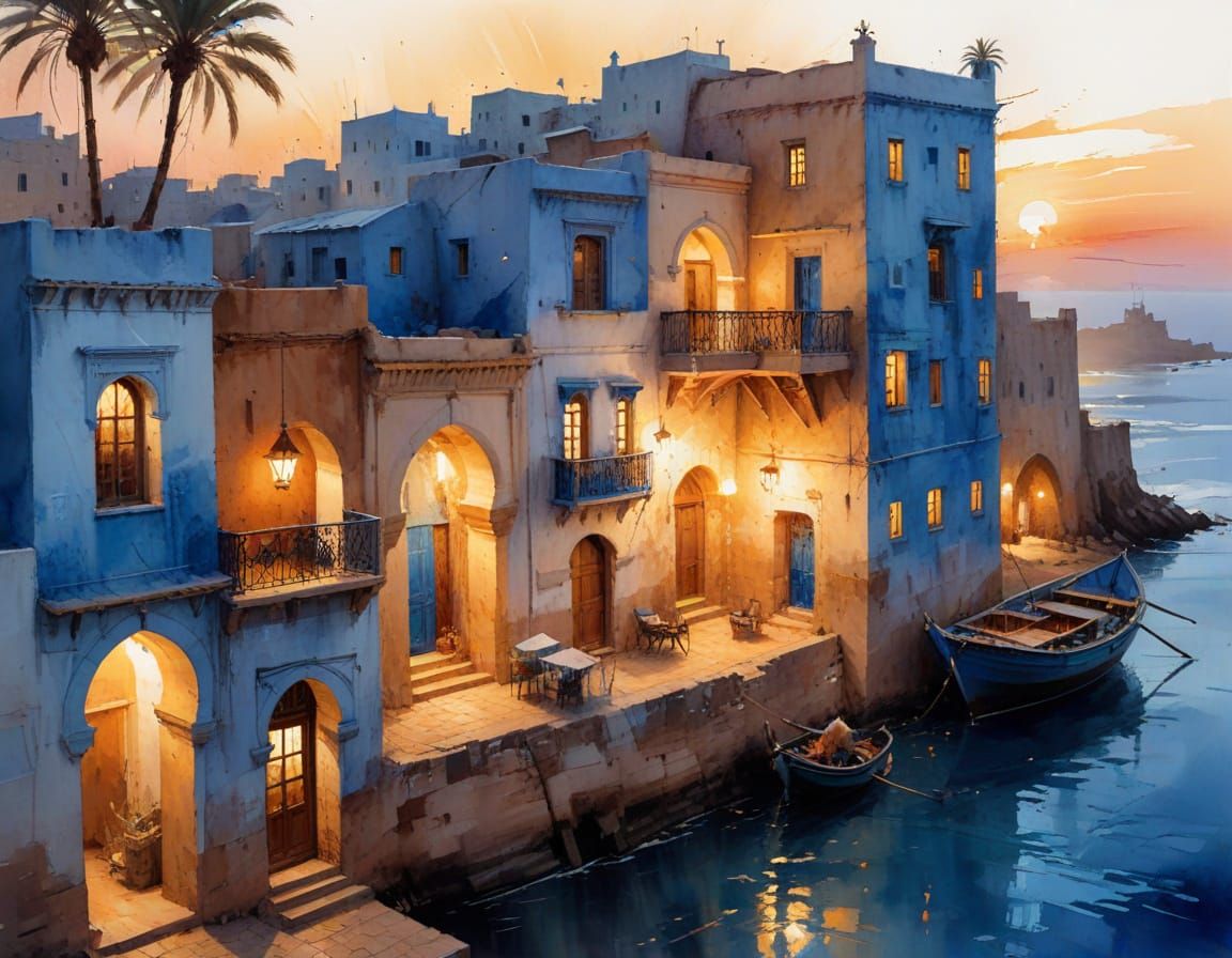 Essaouira Sunset: Moroccan Coastal Medina in Oil Pastels