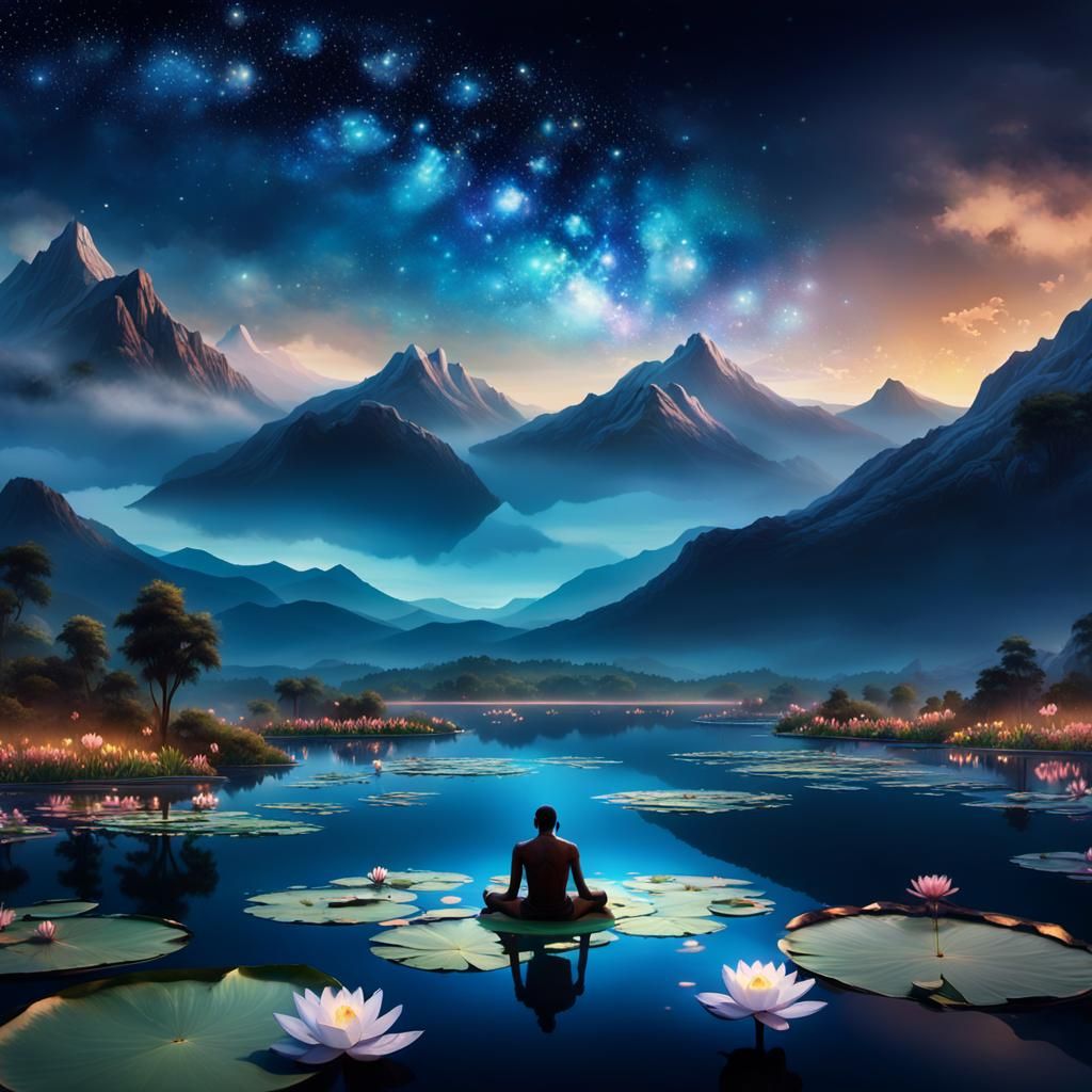 Black Man on Lotus Flower in Dreamlike Landscape