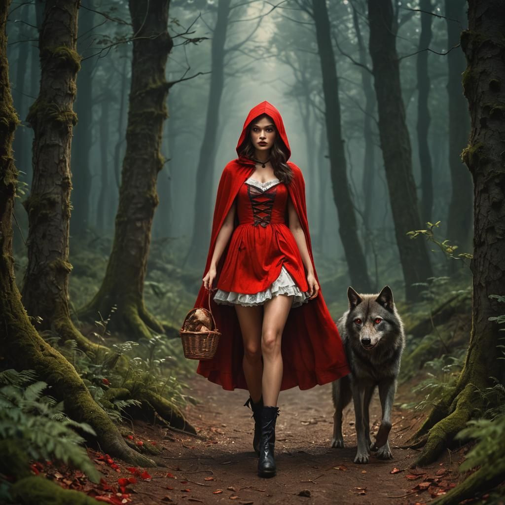 Werewolf and Red Riding Hood in Dark Forest