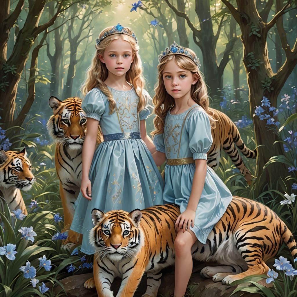 Two Anime Girls Riding a Tiger in 3D Art