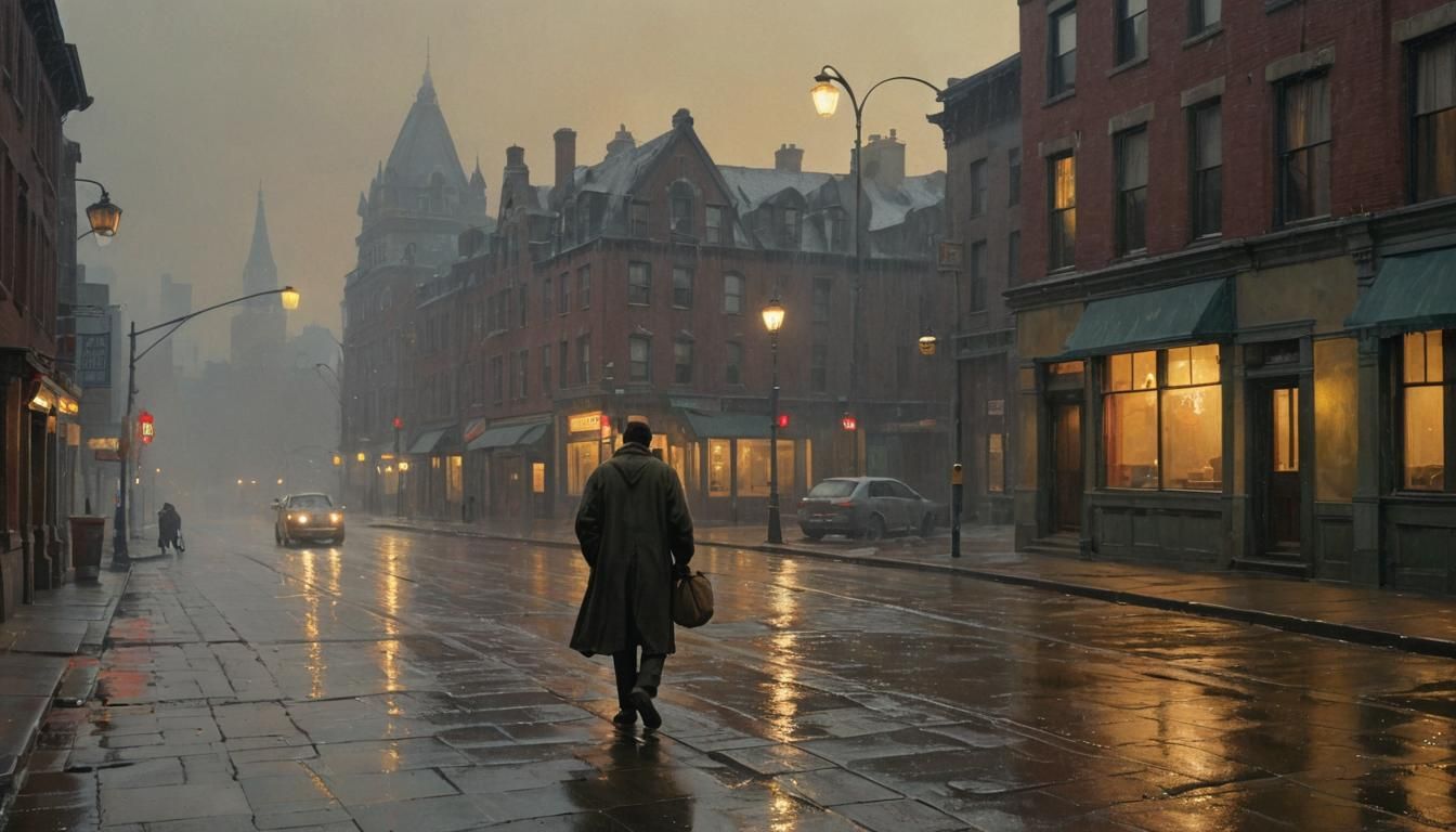 Rainy Cityscape Silhouette in Atmospheric Realism