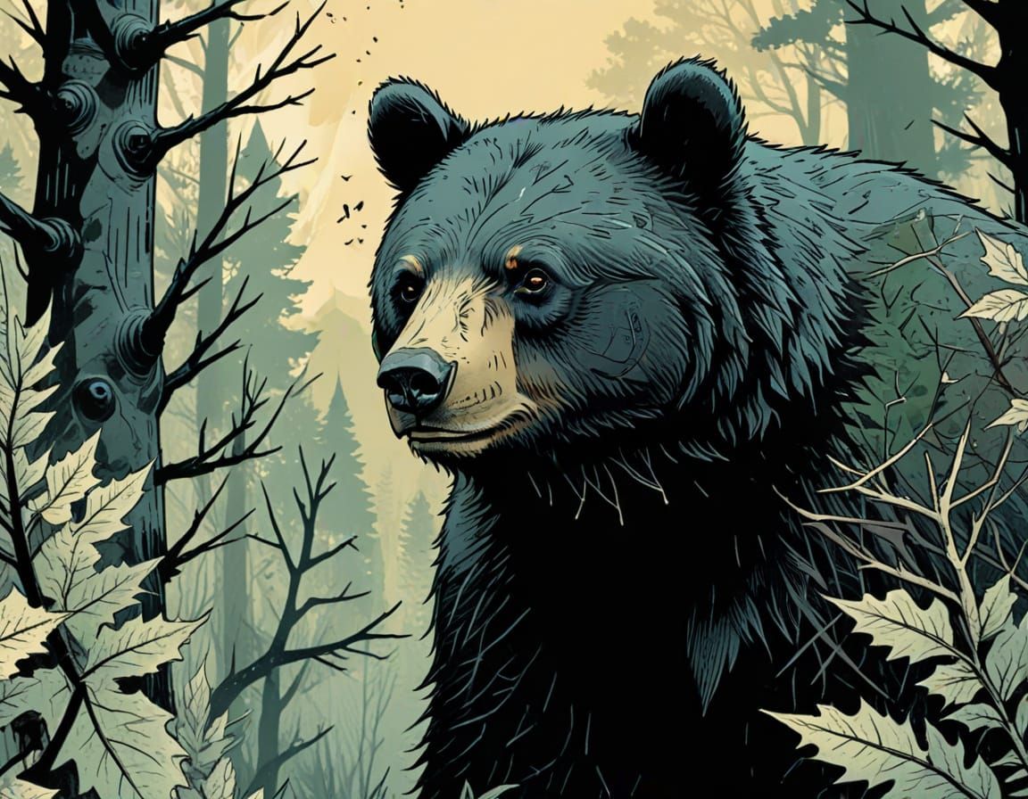 Black Bear in Thorn Forest: Vintage Comic Book Art