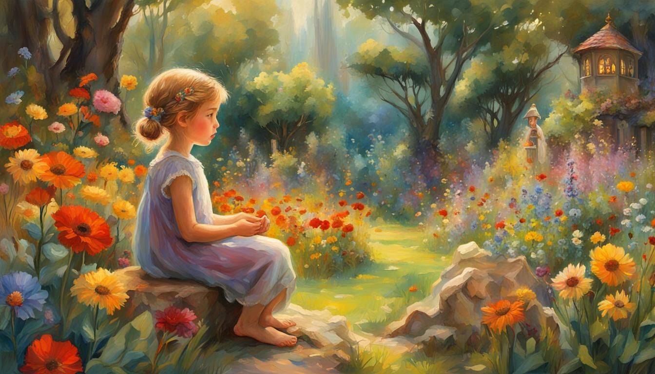Girl Praying in Garden: Storybook Illustration in Warm Color...