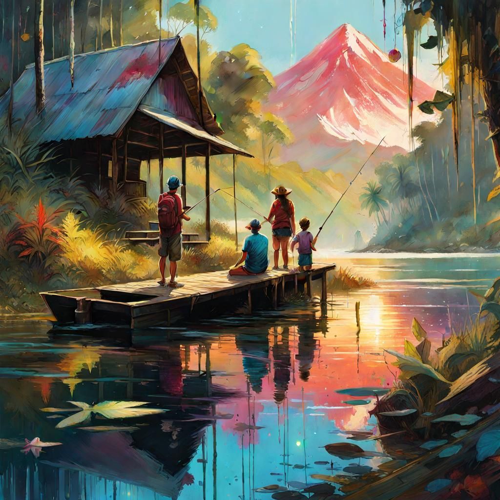 Costa Rican Lake Fishing: Splash Art Action Painting