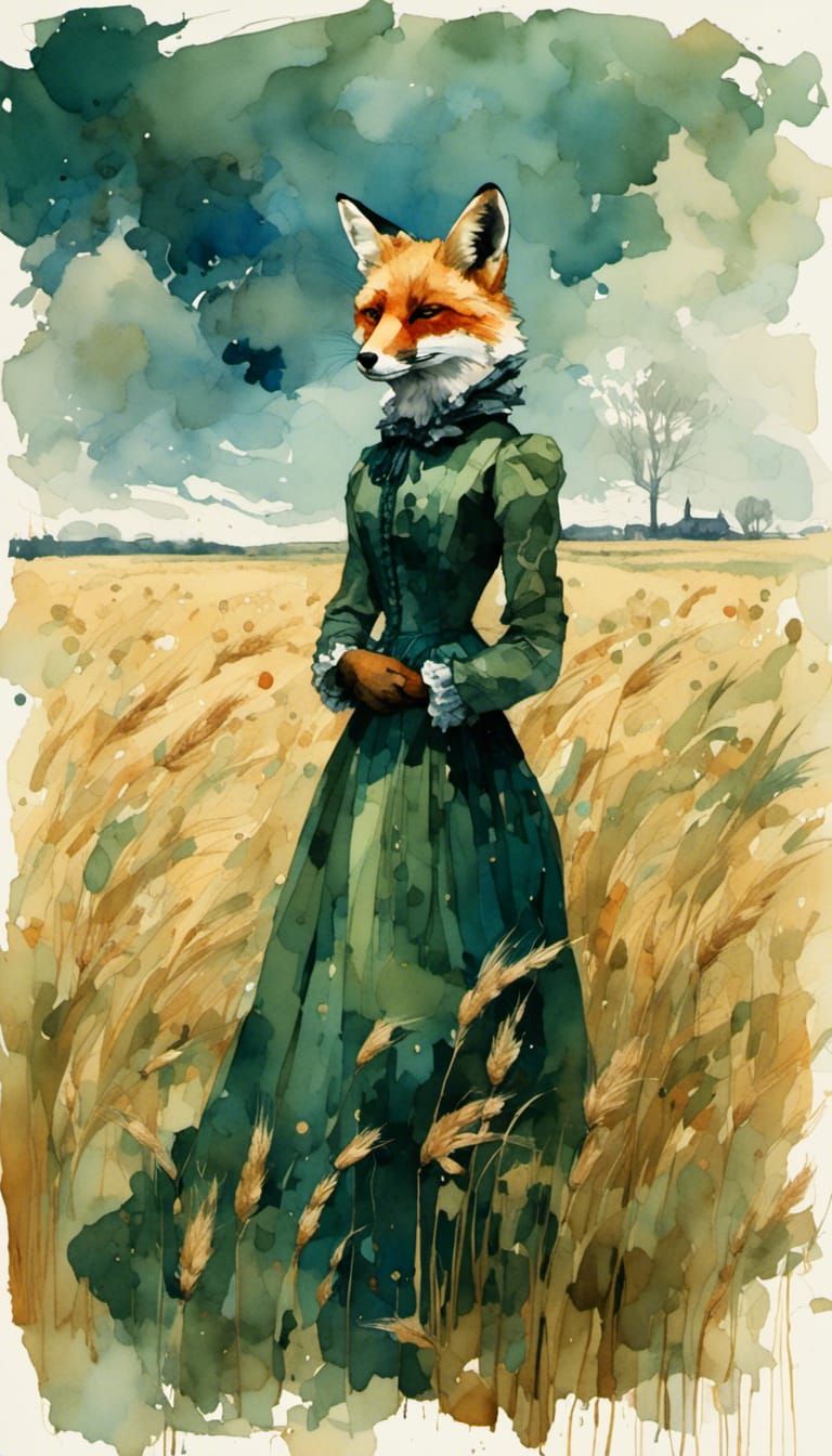 Victorian Fox in Wheat Field: Gouache Watercolor Style