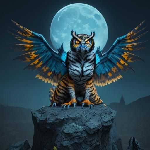 Tiger body with owl head and wings scorpion tail in a haunting landscape.  Full blue and siler moon.  hyperdetailed deep...