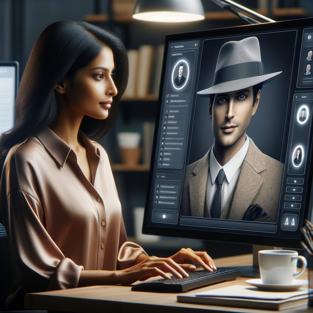 South Asian Woman Surrounded by Digital Avatars in Modern Wo...