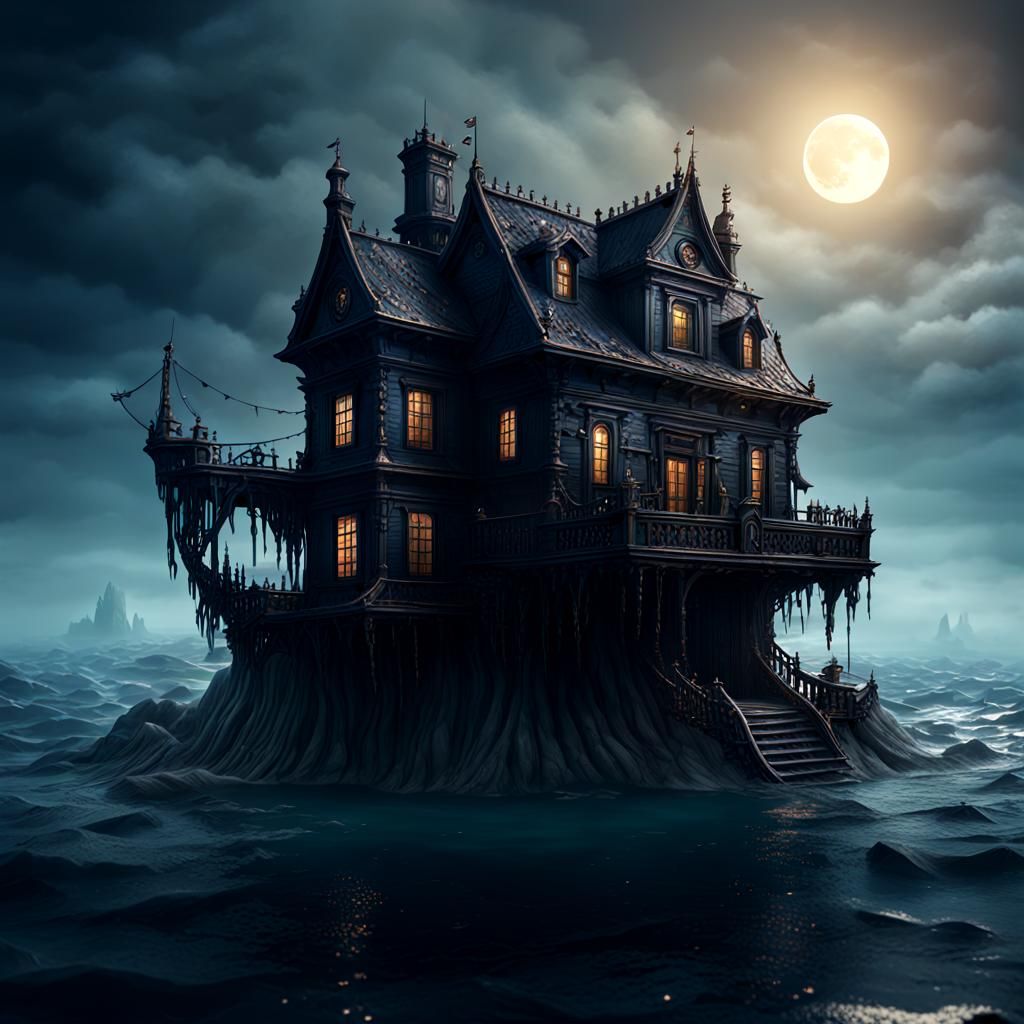 Dark House Floating on Sea: Detailed Matte Painting