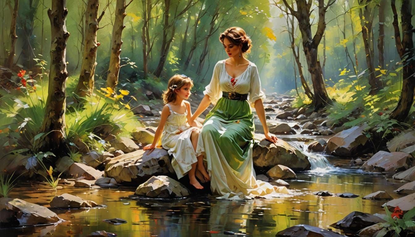 Verdant Forest Scene with Stream, Impressionist Oil Painting