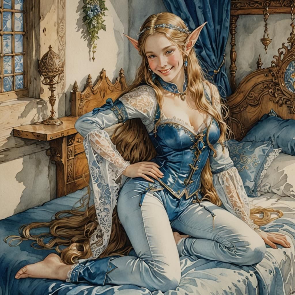 Smiling Elf in Blue Leather, Ink and Watercolor Style