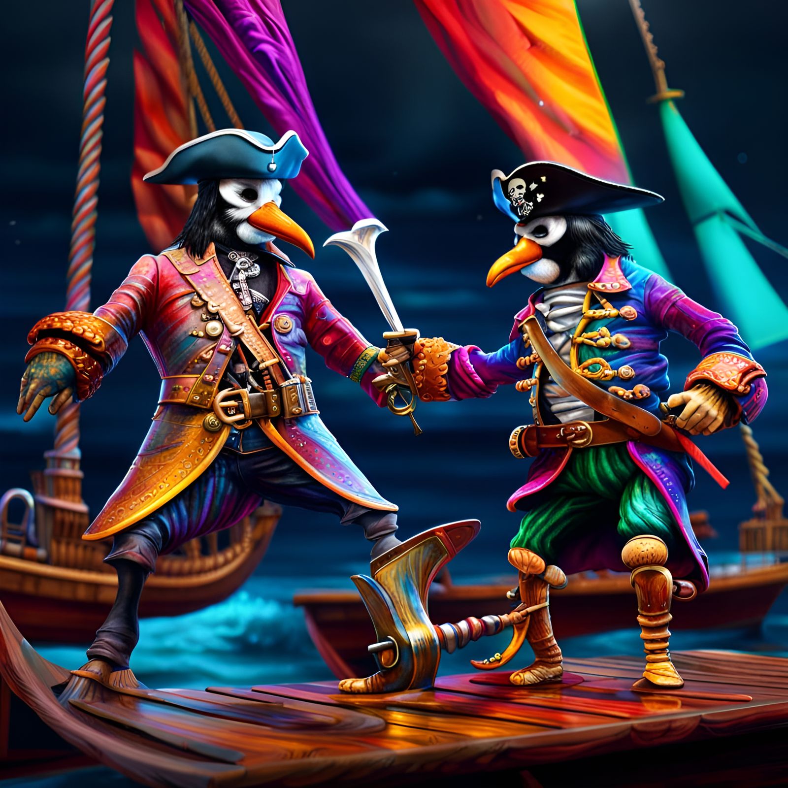 Penguin Pirate Duel on a Stormy Ship Deck