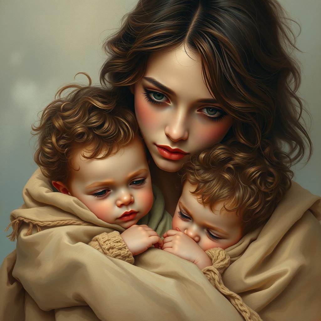 Mother and Children in Dreamy High Fantasy Art