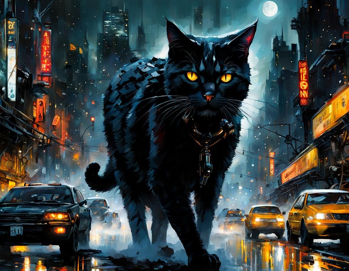 Surreal Cat Android in Snowy Noir Nightcity