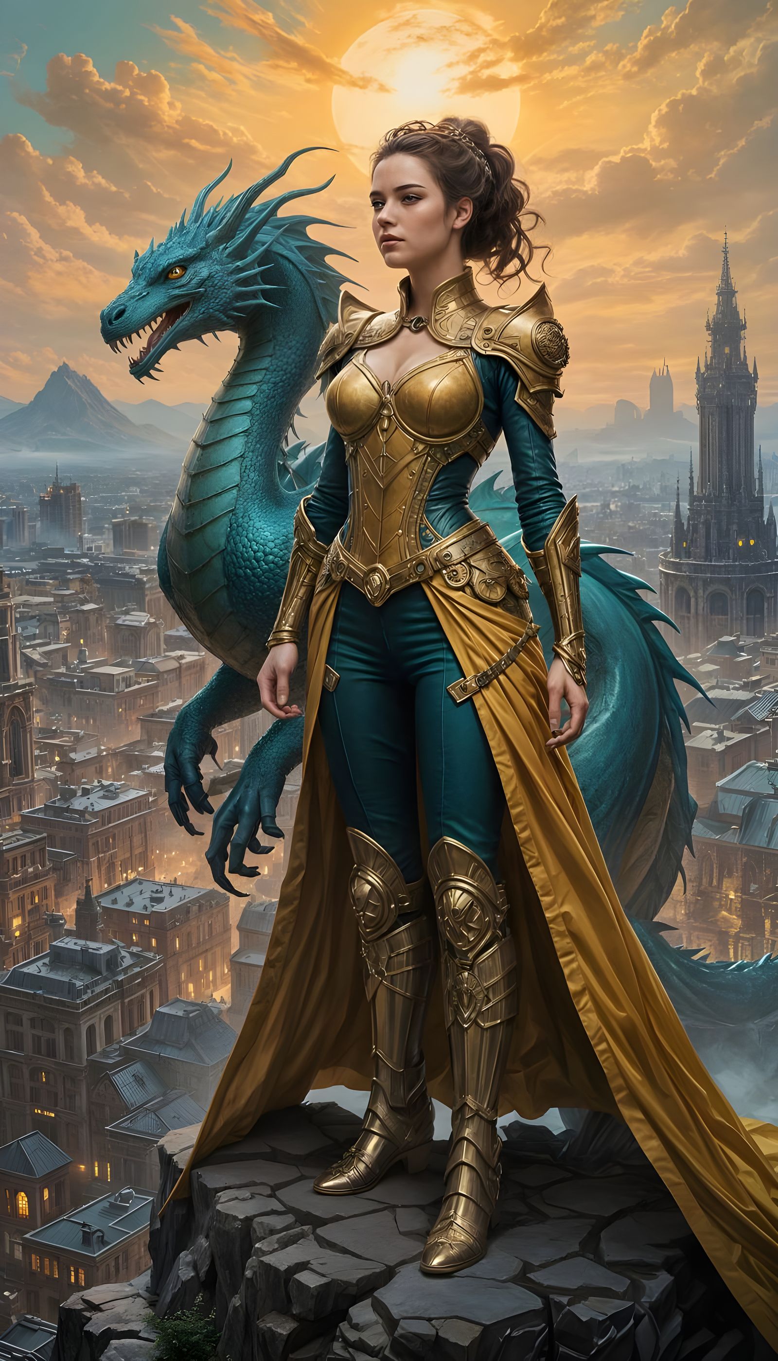 Steampunk Princess Rides Dragon in Vibrant, Intricately Deta...