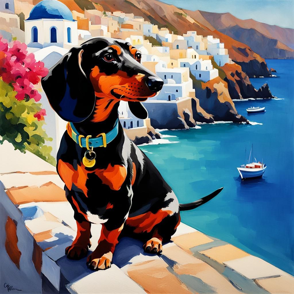 Dachshund in Santorini: Gouache Style Impressionist Painting