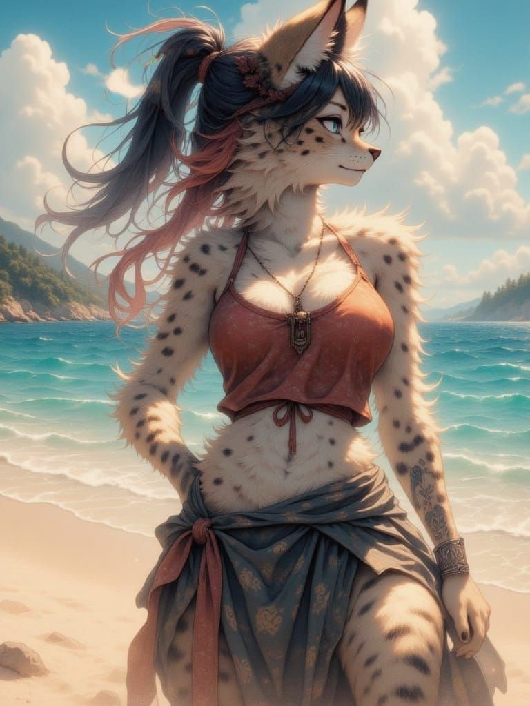 Aesthetic Catgirl at Beach in Impressionist Manga Style