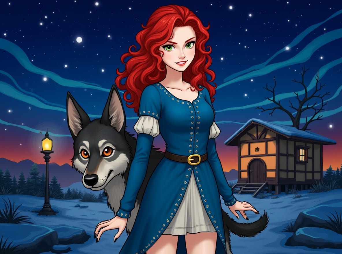 Medieval Polish Woman and Wolfdog Under Starry Sky