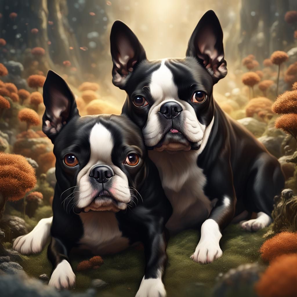 Snuggling Boston Terriers: Detailed Fantasy Art