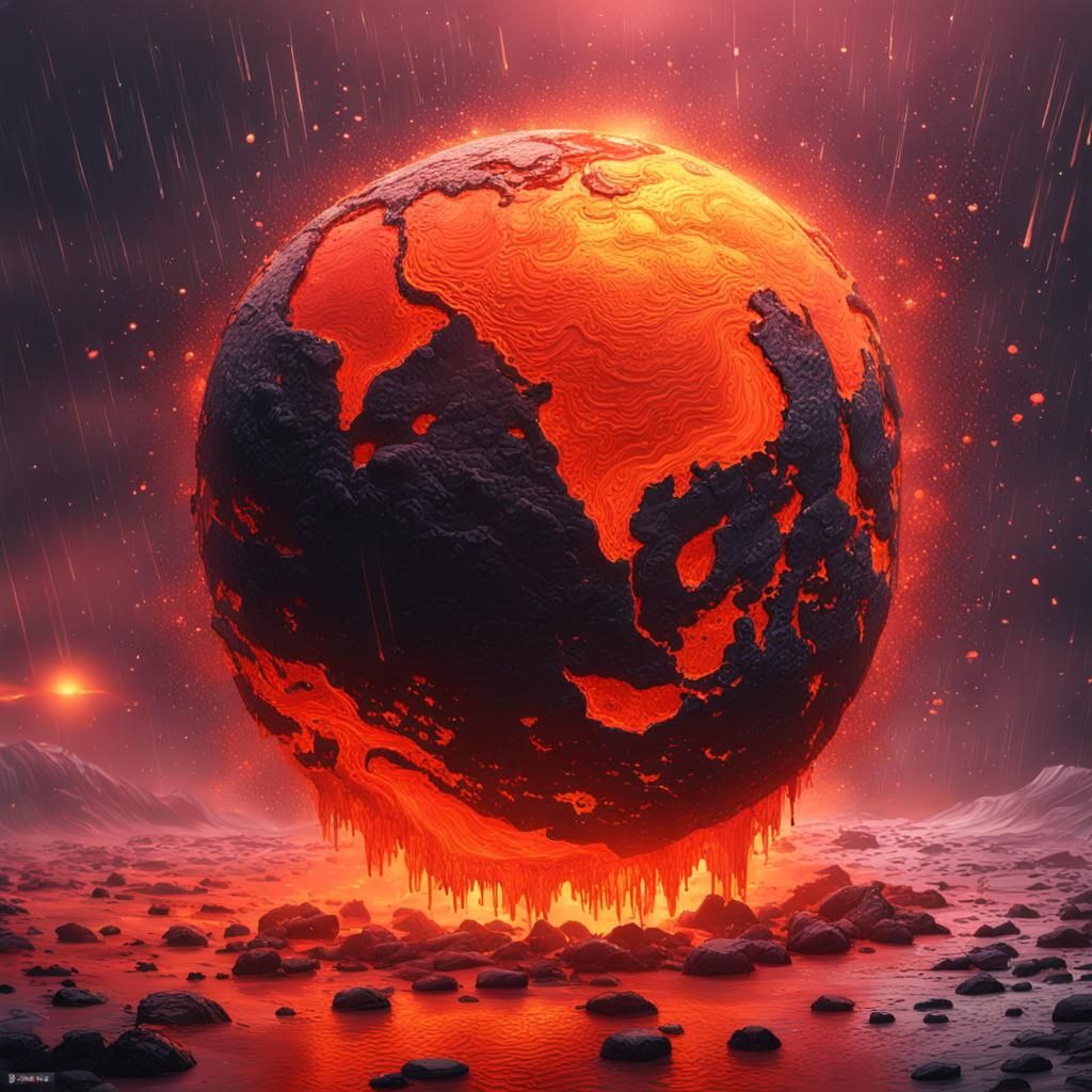 Hyperrealistic Lava Planet in Pouring Rain