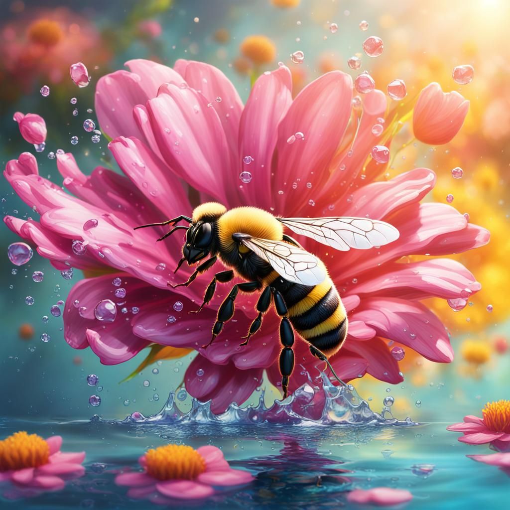 Bee Landing on Water Flower: Hyperrealistic Splash Art