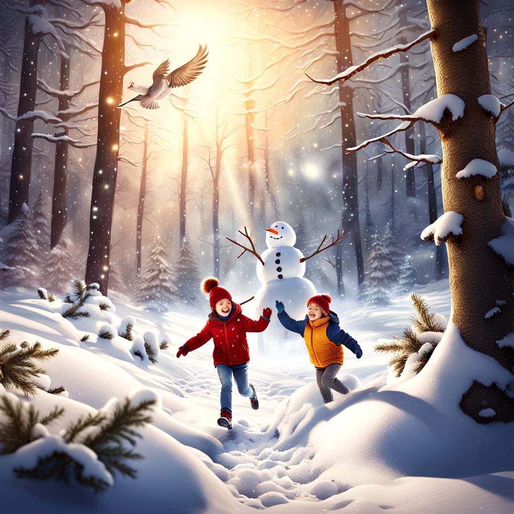 Children Build Snowman in Sunny Forest: Fantasy Art