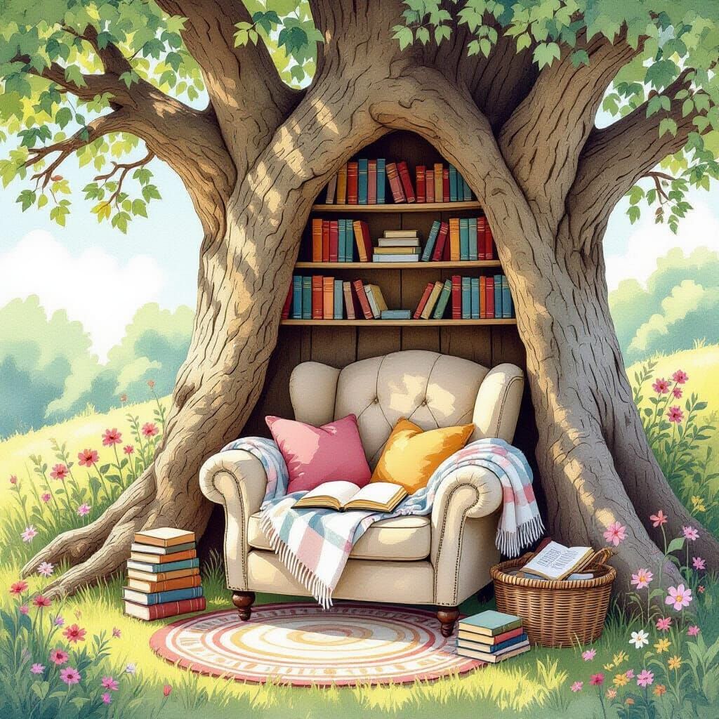 Cozy Reading Nook in Ancient Tree, Watercolor Style