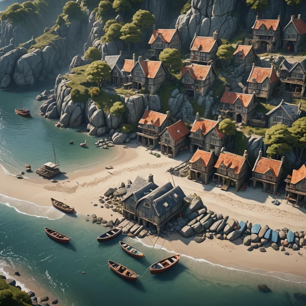 Stone Cottages on Beach: Detailed Matte Painting