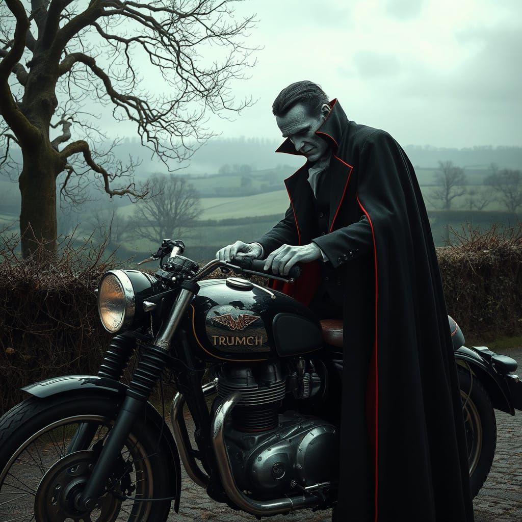 Gothic Victorian Vampire Fixes Motorcycle in Rural England