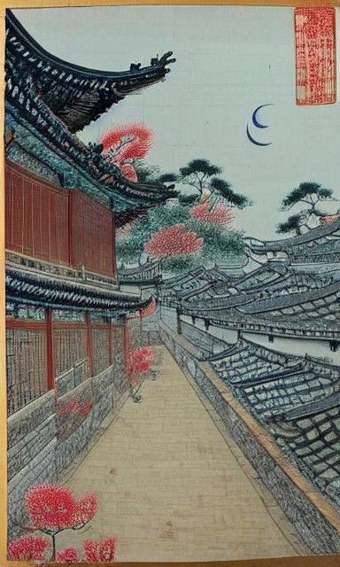 Ancient Chinese Street Scene in Ink Wash Style